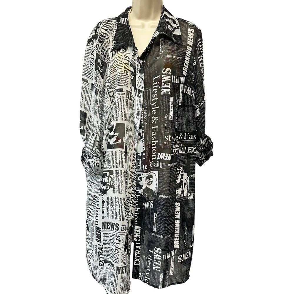 Live 4 Truth Newspaper Print Shirt 2X Black White Sheer Longline Button Down